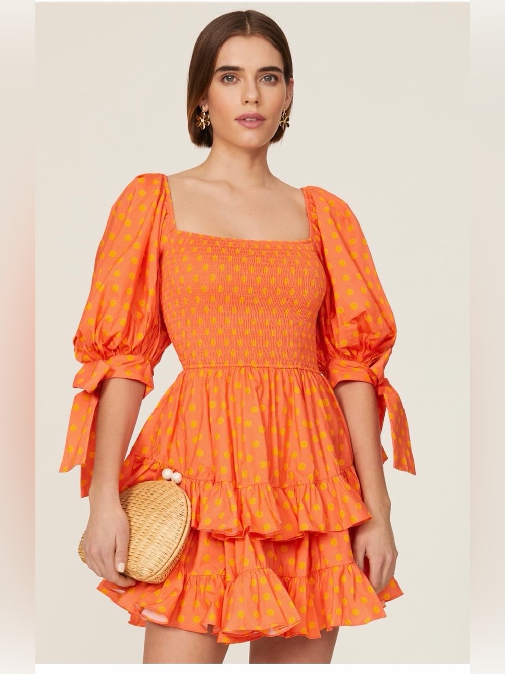 Caroline Constas~Finley Orange Mini Dress with Yellow Polka Dots~Size Small~$495